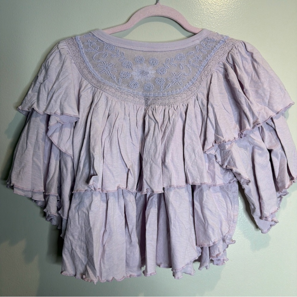 Free People Rose Party Tee Tiered Ruffles Jersey Knit Lettuce Trims Top XS - Picture 6 of 6